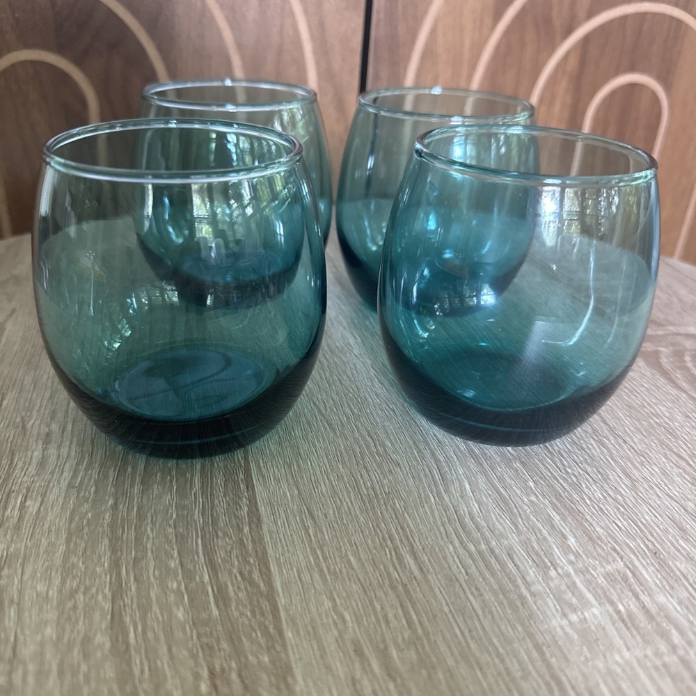 Vintage Teal Aqua Roly Poly Low Ball Tumbler Drinking Glasses Set of 4 Barware
